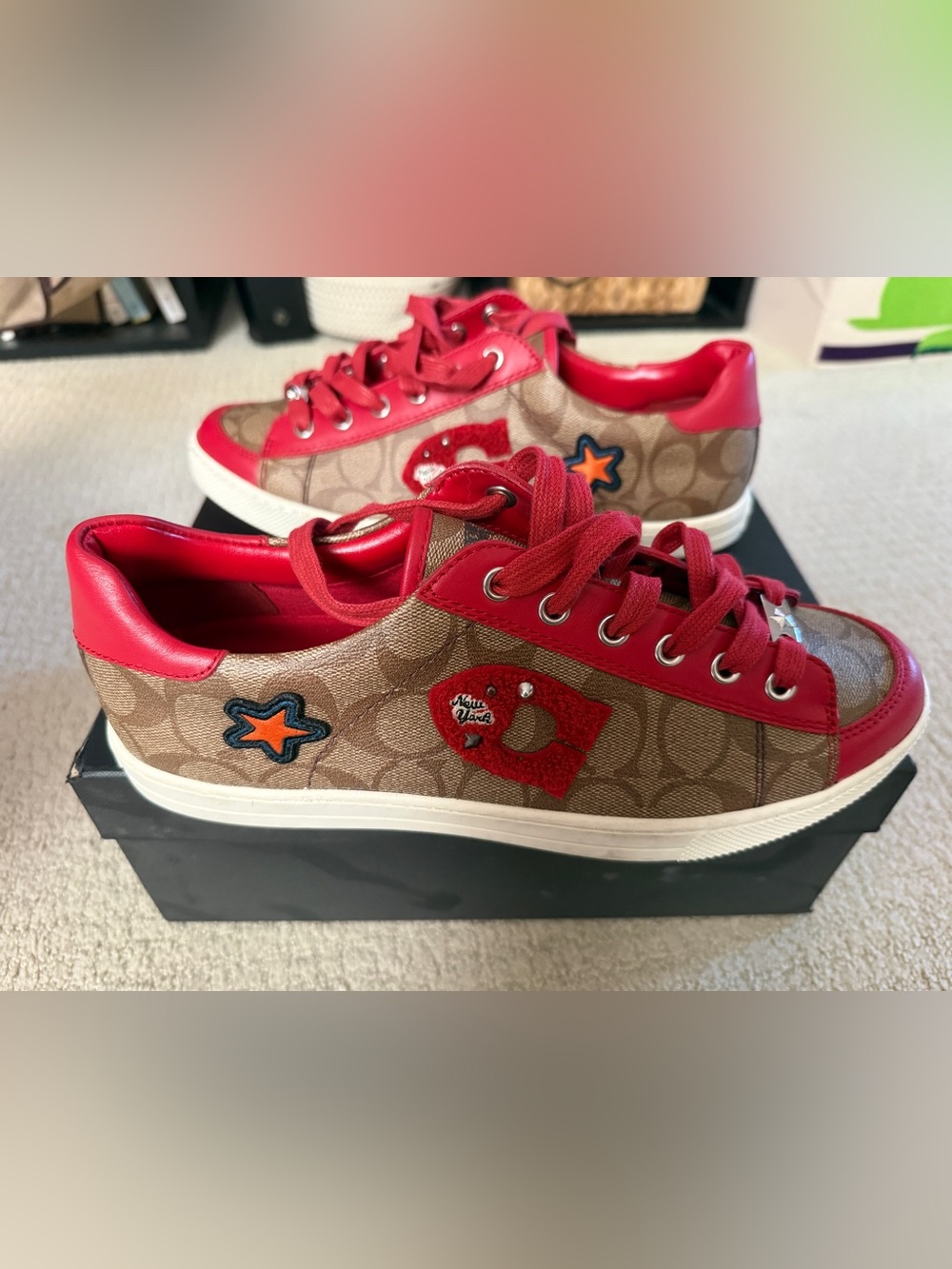 Coach Porter Varsity Patch Sneaker FG1458 Signature Canvas Red Size 10